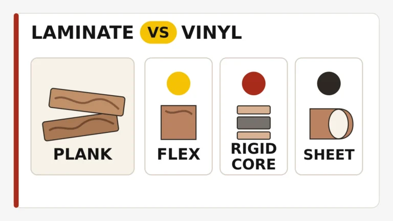Laminate vs. vinyl flooring: which is better for your home? Laminate plank format beside flexible, rigid-core, and sheet vinyl format examples