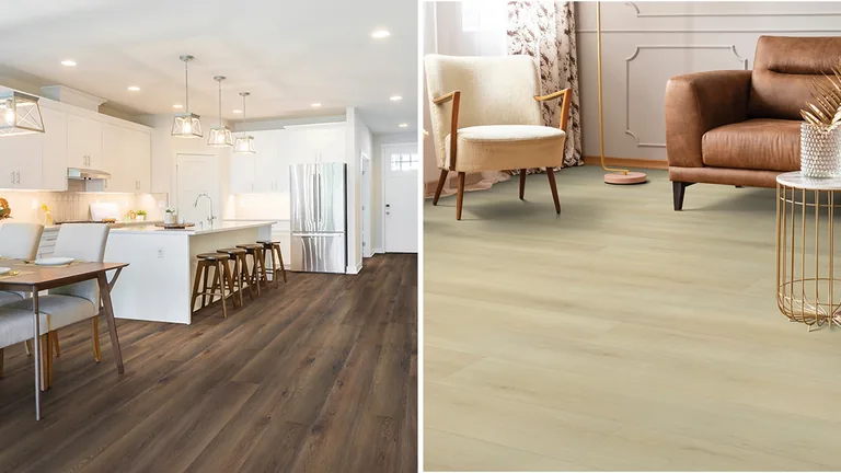 What is SPC vinyl flooring? Rigid core explained Beaulieu Grand Manor wood-look vinyl flooring in a kitchen with a dark floor and a living room with a light floor