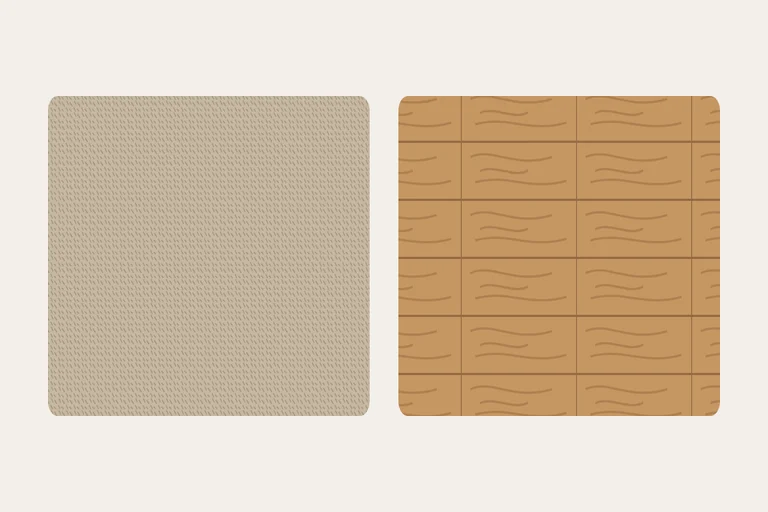 Carpet vs. hardwood in bedrooms: how to choose Illustrated comparison of a soft carpet texture and hardwood planks for bedroom flooring